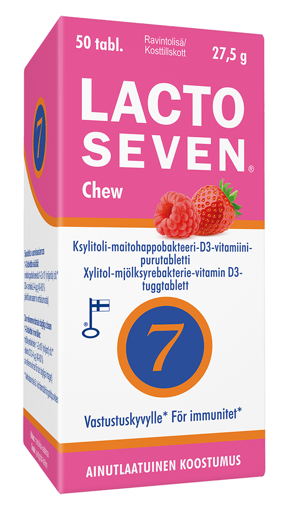 Lacto Seven Chew - ksylitoli-maitohappobakteeri-D3-vitamiini purutabletti 50 tabl. - integratoridirecthub.com