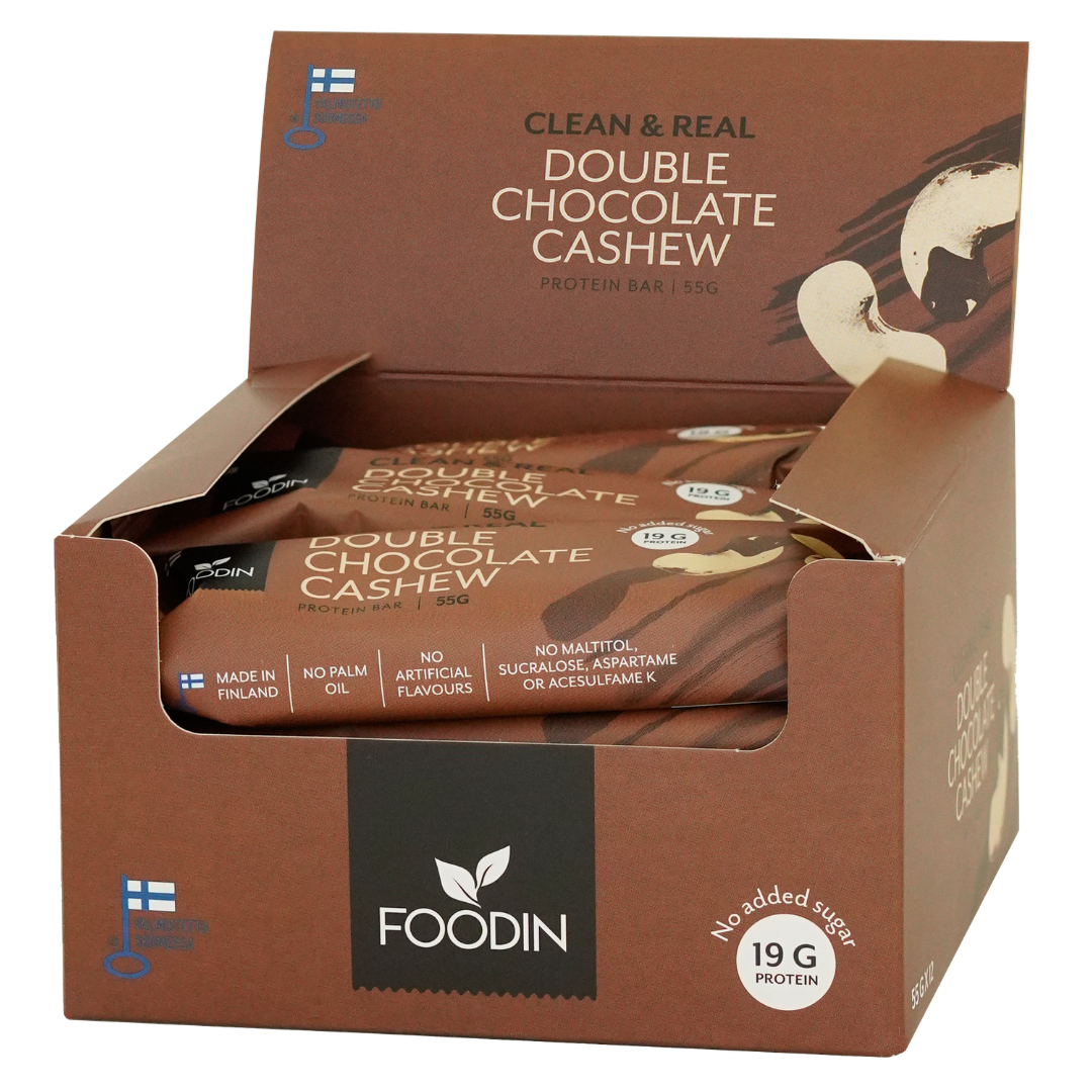 Foodin Clean & Real Double Chocolate Cashew - Proteiinipatukka tukkupakkaus 12 x 55 g - integratoridirecthub.com