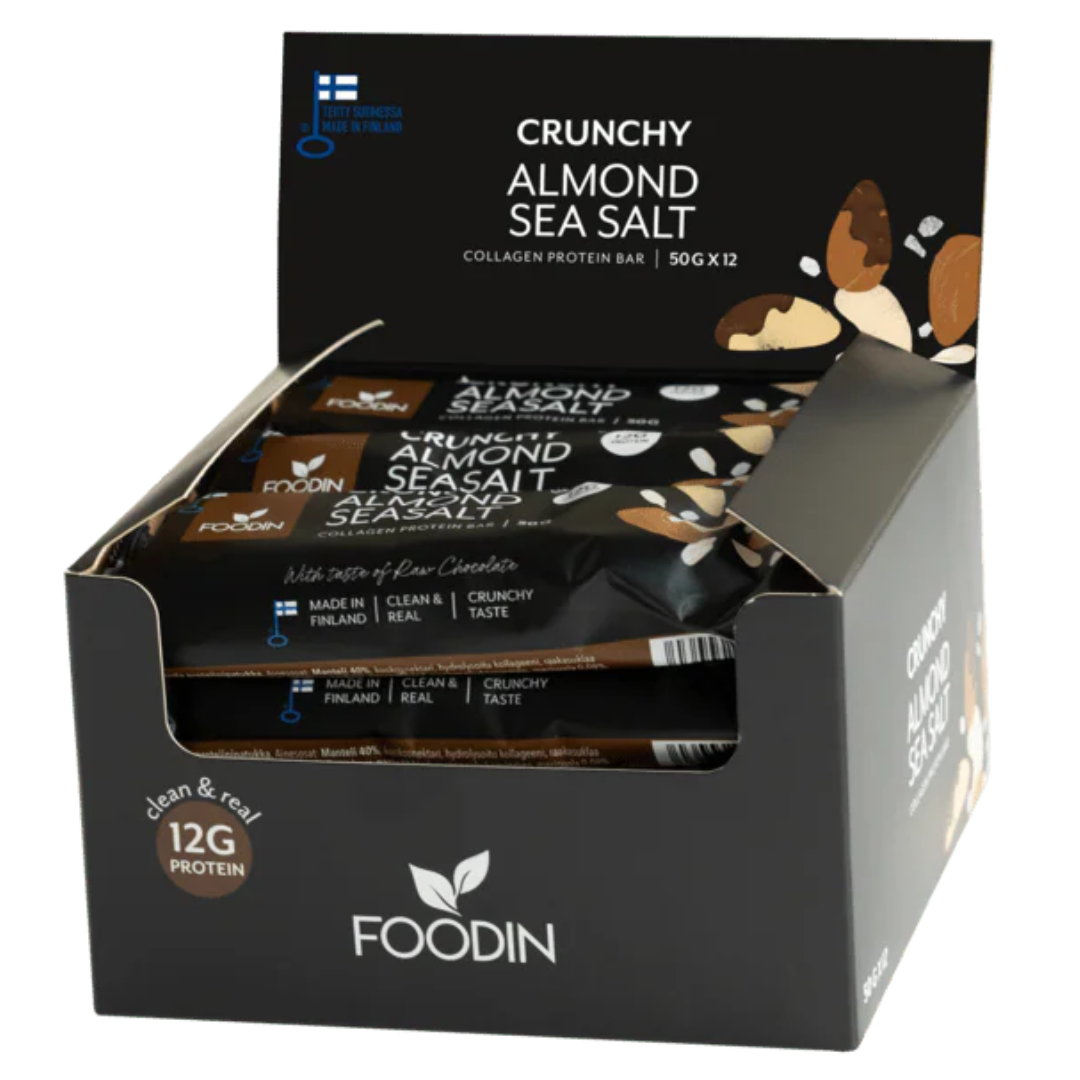 Foodin Crunchy Collagen Protein Bar Almond Seasalt - Kollageeni patukka - tukkupakkaus 50 g x 12 kpl - integratoridirecthub.com