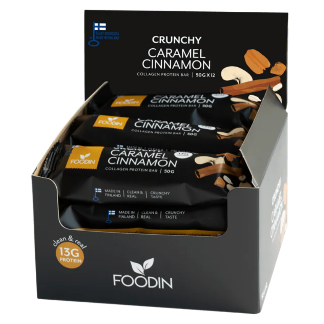 Foodin Crunchy Collagen Protein Bar Caramel Cinnamon - Kollageeniproteiinipatukka Tukkupakkaus 12 x 50g - integratoridirecthub.com