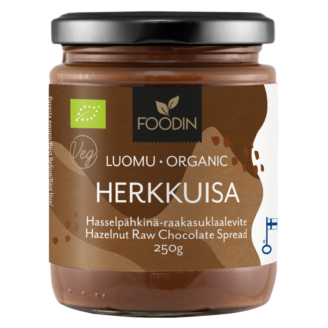 Foodin Herkkuisa Luomu Hasselpähkinä-raakasuklaalevite 250 g - integratoridirecthub.com