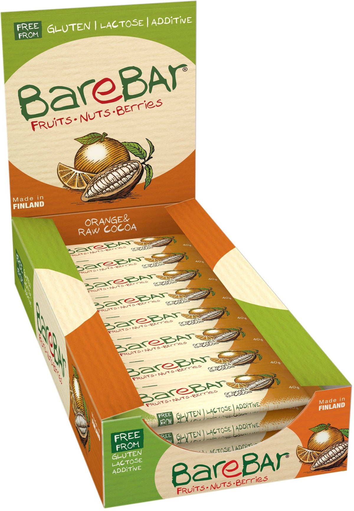 Leader BareBar Appelsiini-Raakakaakaopatukka 24 x 40g tukkupakkaus - Uudistunut - integratoridirecthub.com