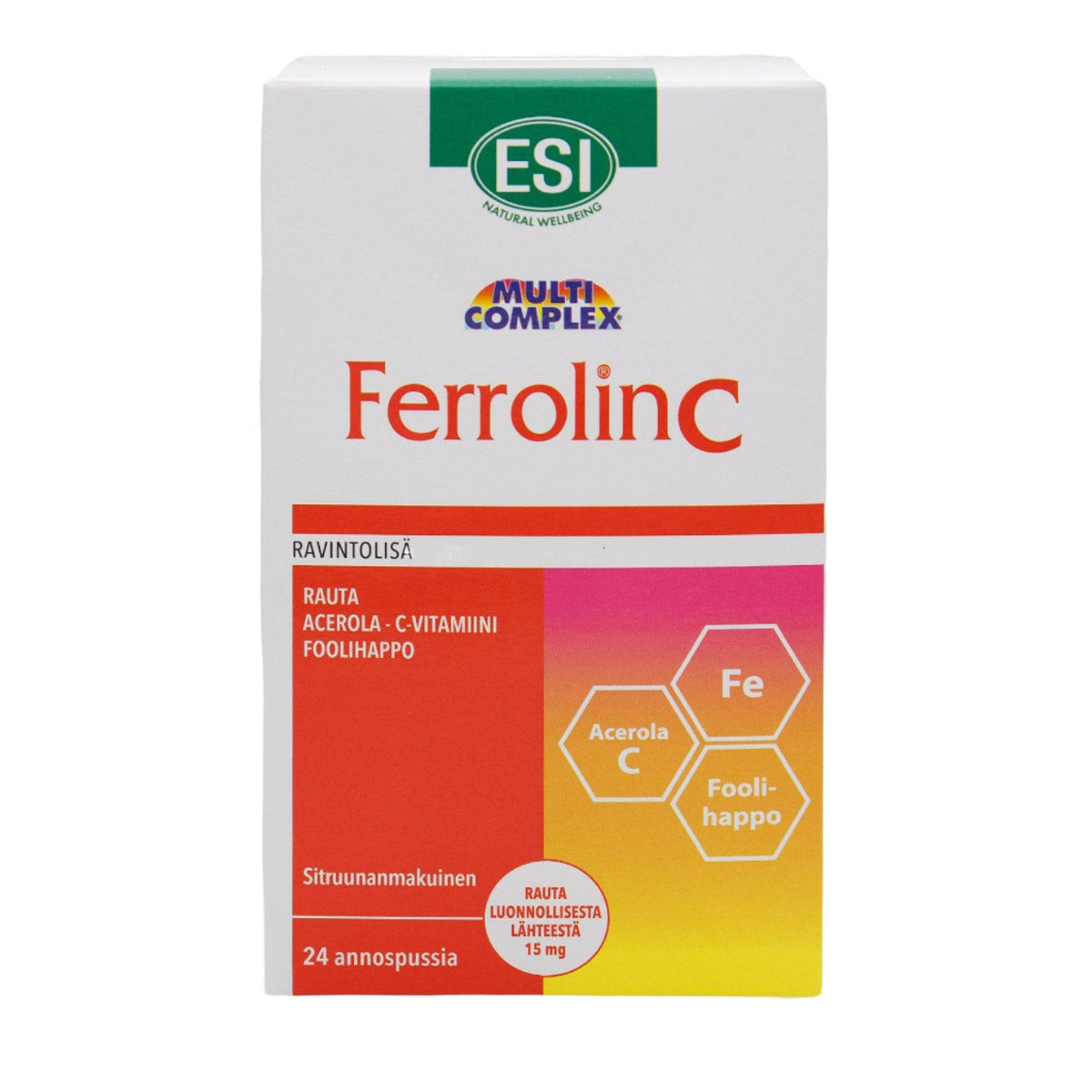 ESI FerrolinC Sitruunanmakuinen Rautapidolaatti + Acerola  24 annospussia - integratoridirecthub.com