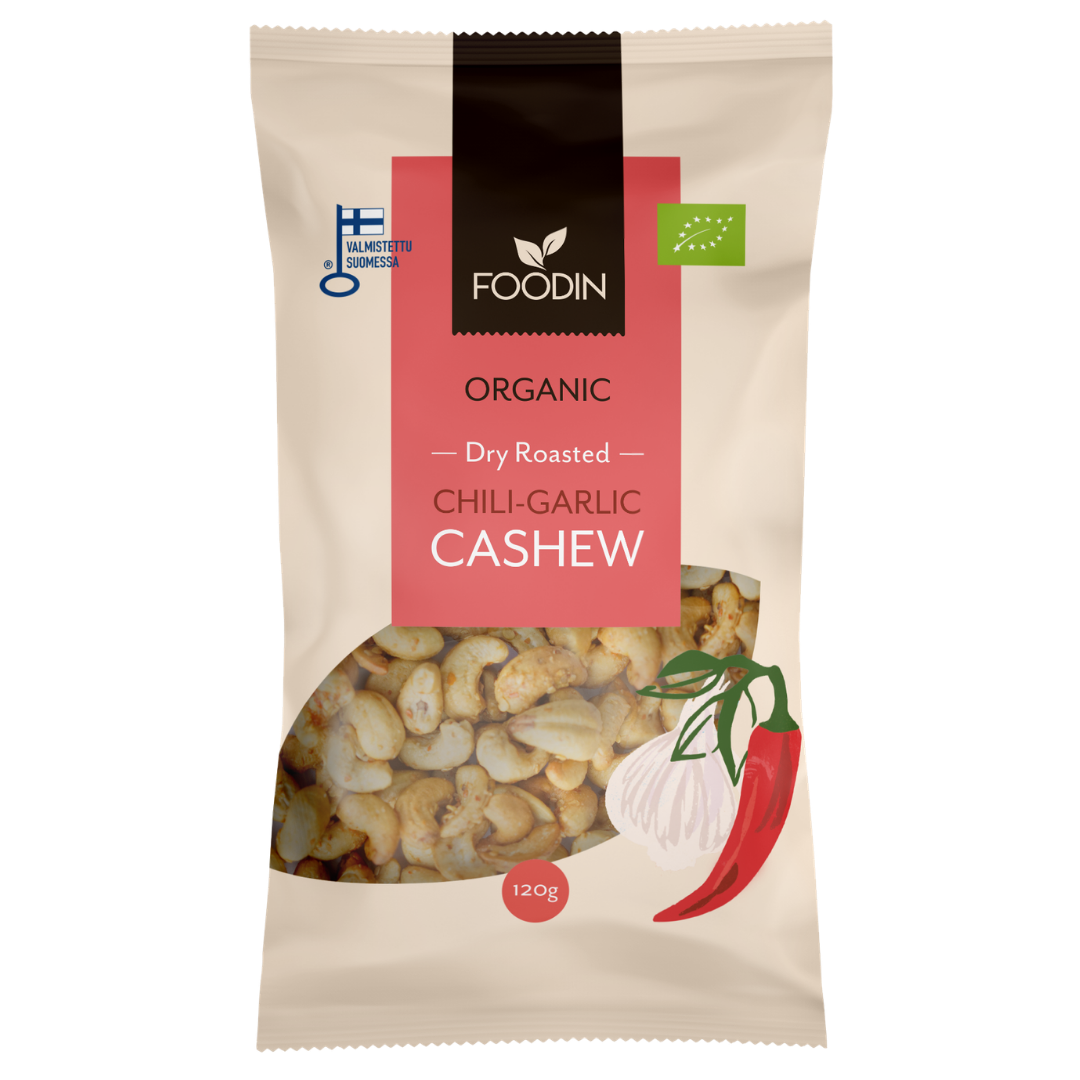 Foodin Dry Roasted Chili-Garlic Cashew - Paahdettu chili-valkosipuli cashewpähkinä 120 g - integratoridirecthub.com