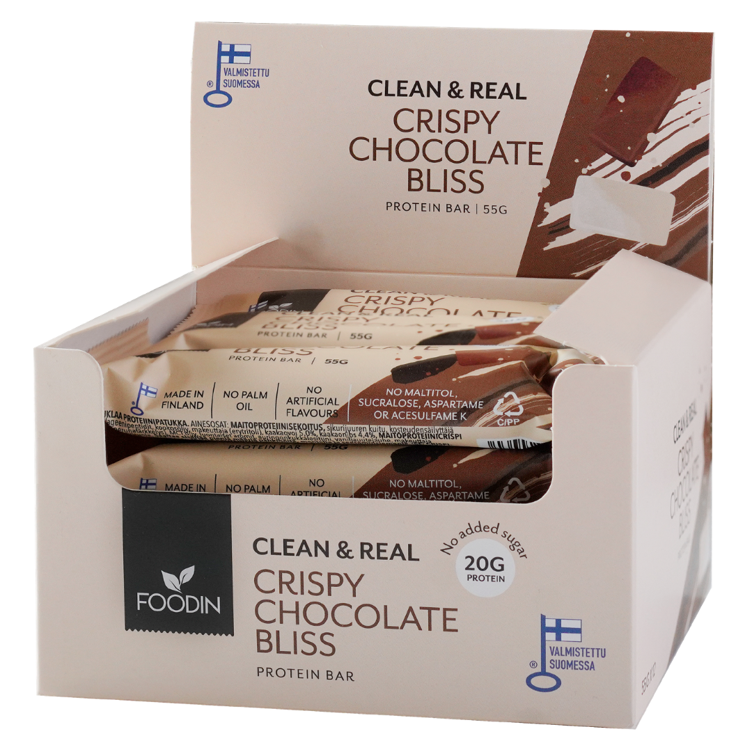 Foodin Clean & Real Protein Bar Crispy Chocolate Bliss  - Proteiinipatukka 12 x 55 g TUKKUPAKKAUS - integratoridirecthub.com