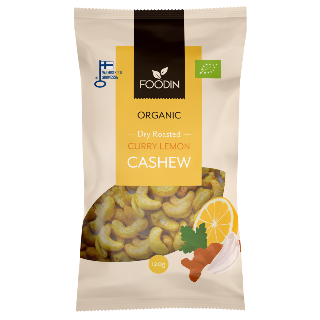 Foodin Dry Roasted Curry-Lemon Cashew - Paahdetut curry-sitruuna cashewpähkinät 120 g - integratoridirecthub.com