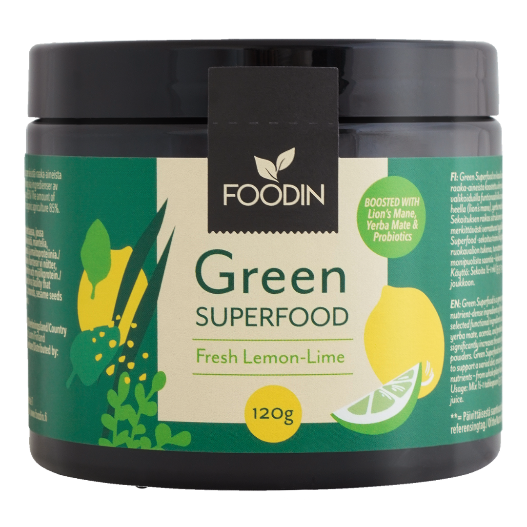 Foodin Green Superfood Fresh Lemon-Lime - Viherjauhesekoitus 120 g - integratoridirecthub.com