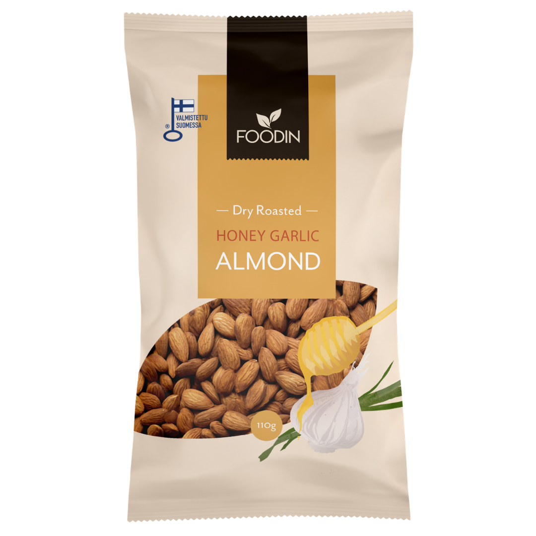 Foodin Dry Roasted Honey Garlic Almond - Paahdetut Hunaja Valkosipuli Mantelit 110 g - integratoridirecthub.com