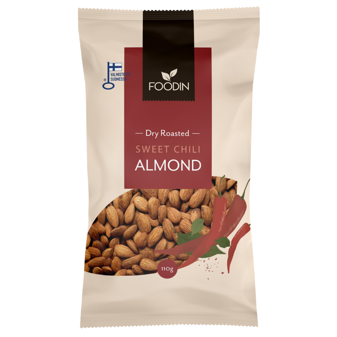 Foodin Dry Roasted Sweet Chili Almond - Paahdetut Sweet Chili Mantelit 110 g - integratoridirecthub.com