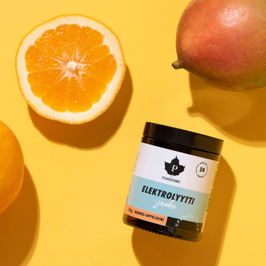 Puhdistamo Elektrolyyttijauhe Mango-Appelsiini 120 g nesteytys, liikunta, urheilu, nesteyttäjä, elektrolyytit, hikoilu, integratoridirecthub.com