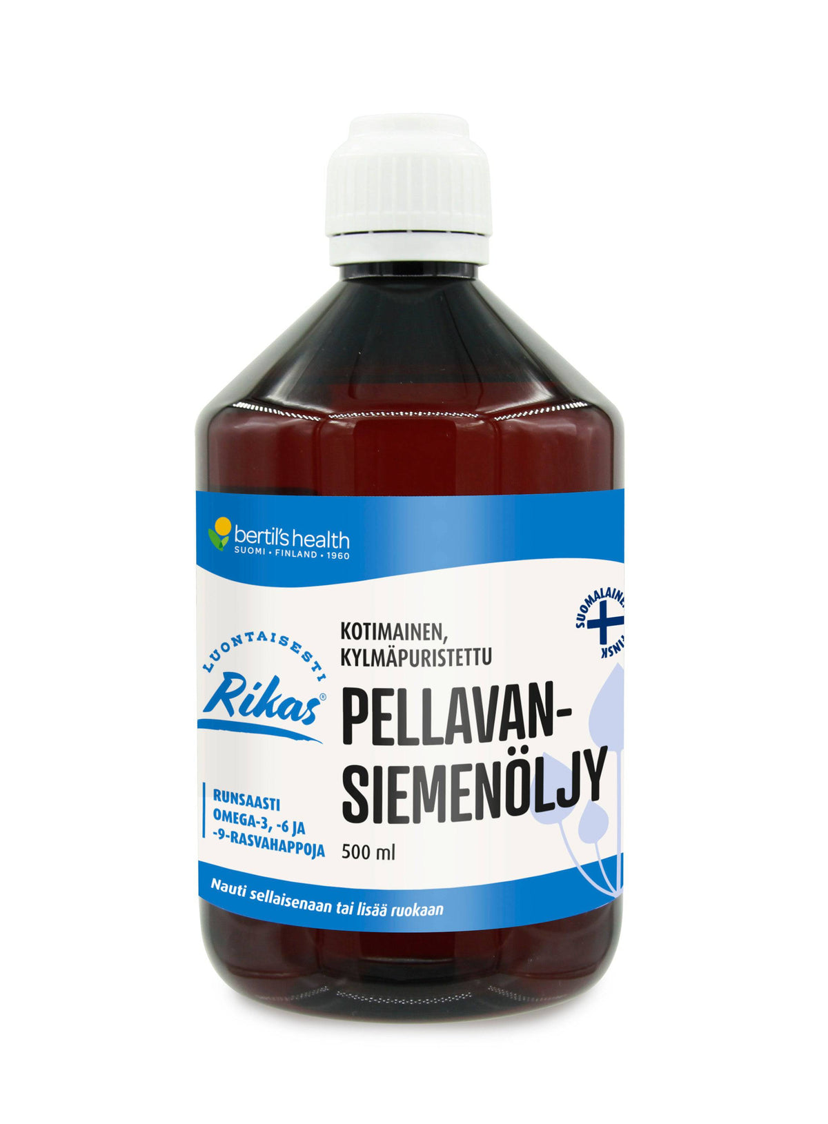 Bertil's Health Kotimainen Kylmäpuristettu Pellavansiemenöljy 500 ml - Päiväys 02/2025 - integratoridirecthub.com