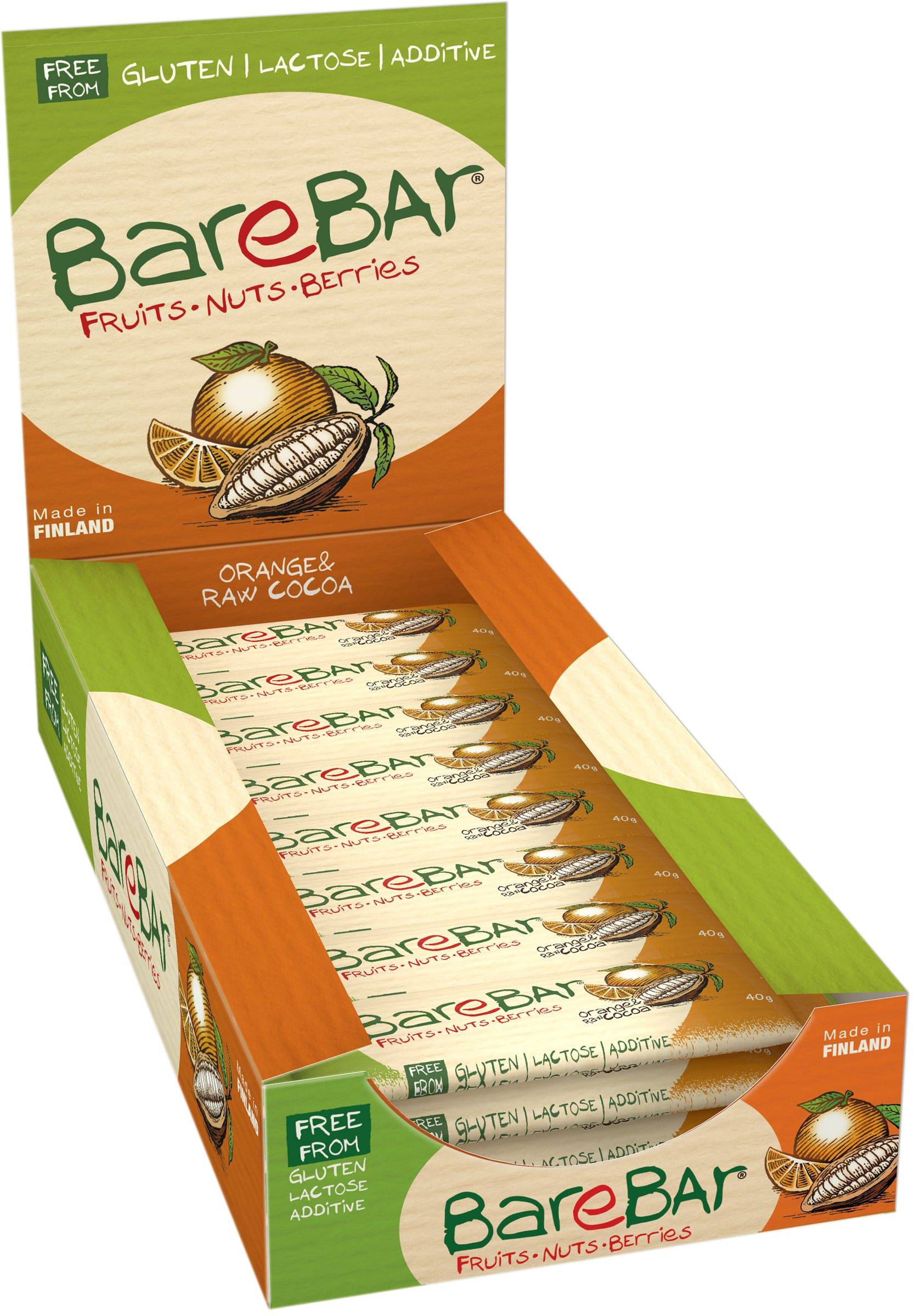 Leader BareBar Appelsiini-Raakakaakaopatukka 24 x 40g tukkupakkaus - Uudistunut - integratoridirecthub.com