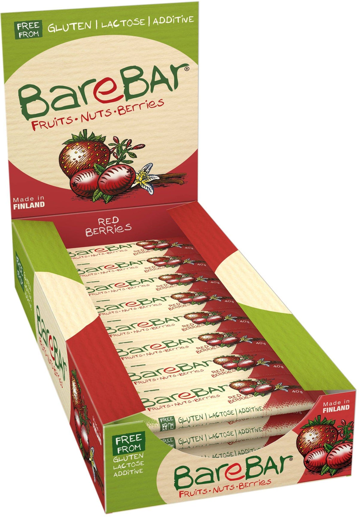 BareBar taateli-marjapatukka Tukkupakkaus 24 x 40 g - Päiväys 06/2023 - integratoridirecthub.com