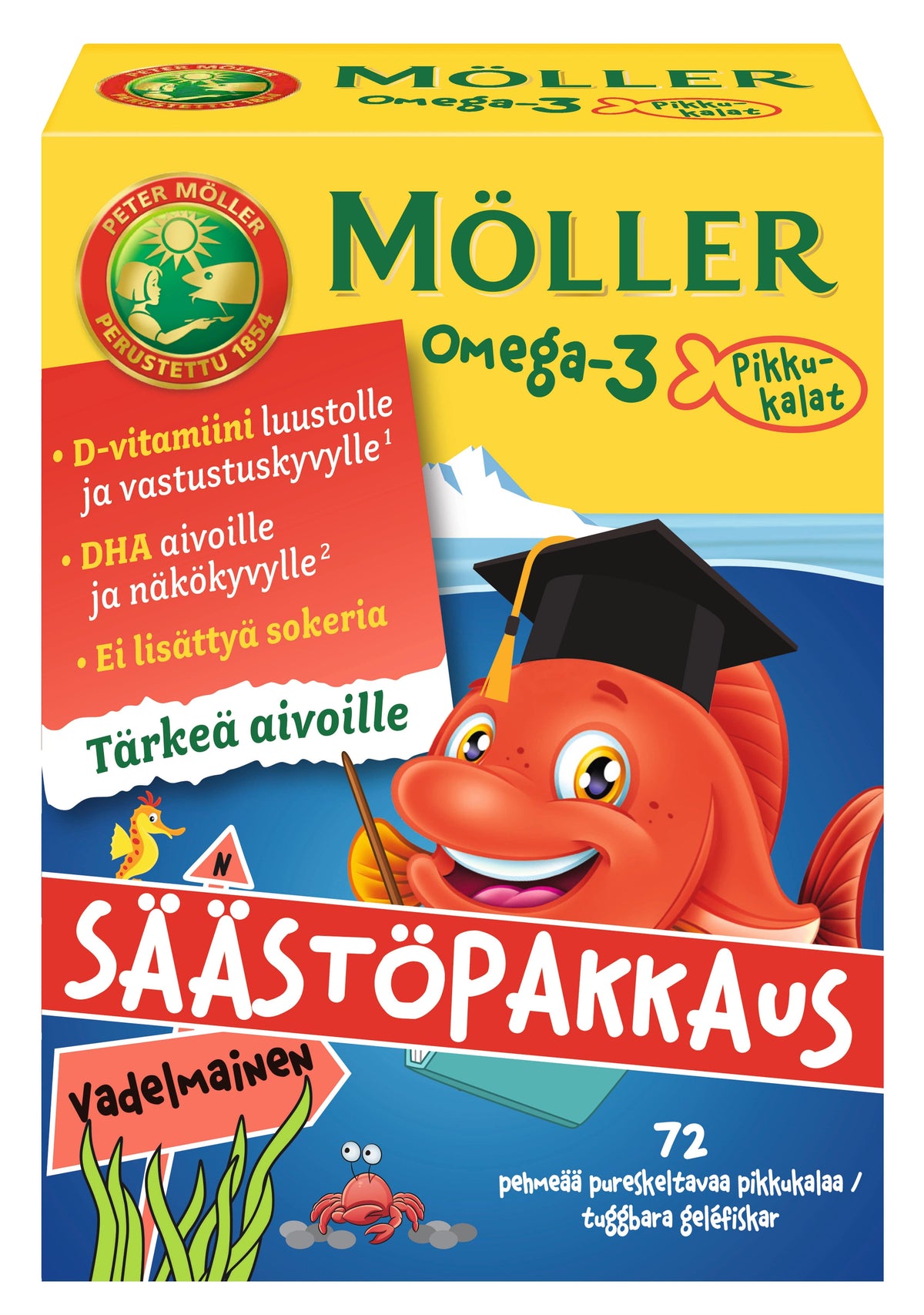 Möller Omega-3 Pikkukalat Vadelmainen - Säästöpakkaus 72 pureskeltavaa pikkukalaa - integratoridirecthub.com